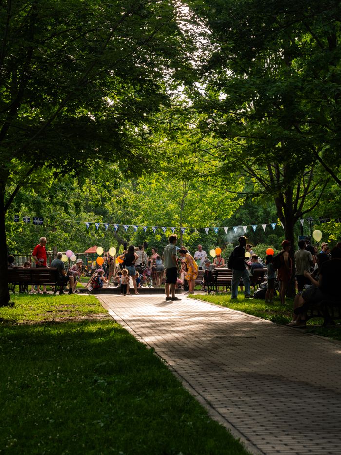Home Festive group gathering in a vibrant Montreal park setting.